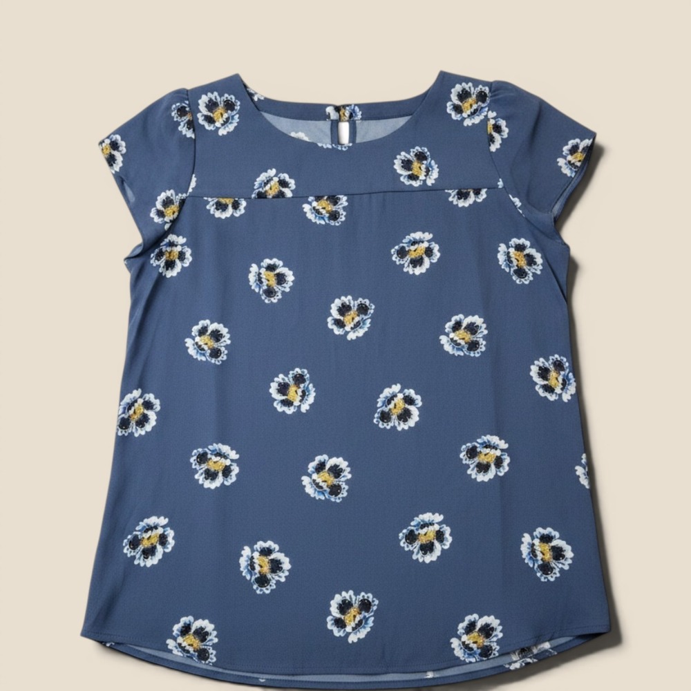 LOFT Cap Sleeve Blouse Small Blue Floral Grid Pattern Feminine‎ Cottagecore Boho